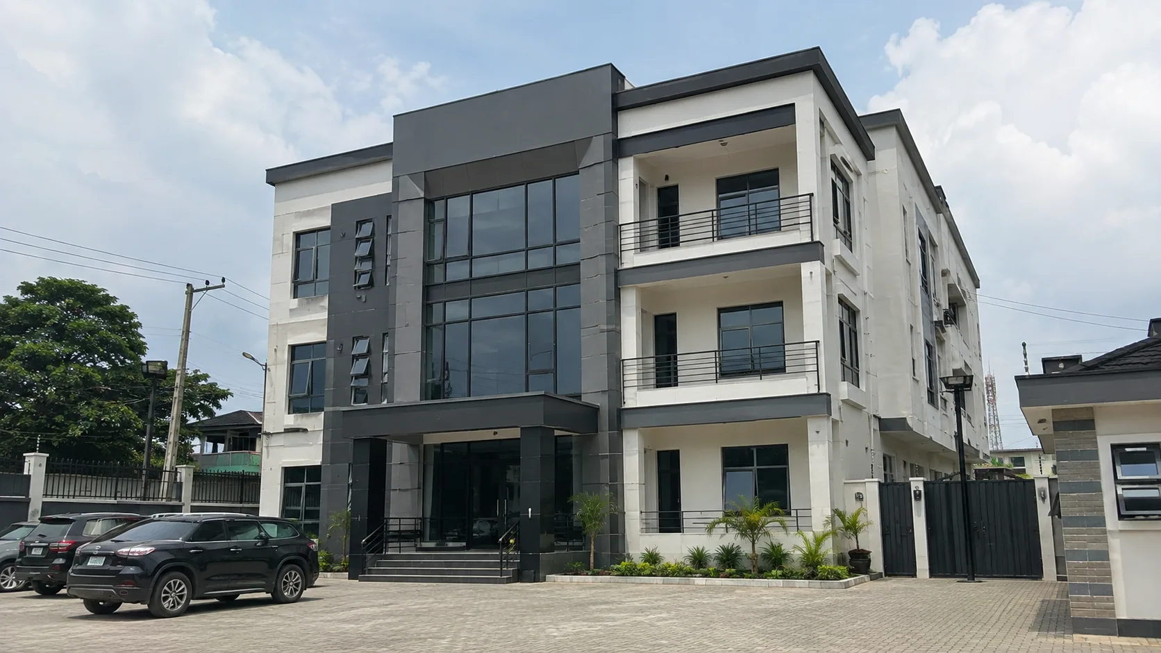 Completed multi-storey contemporary office building with a glazed central facade