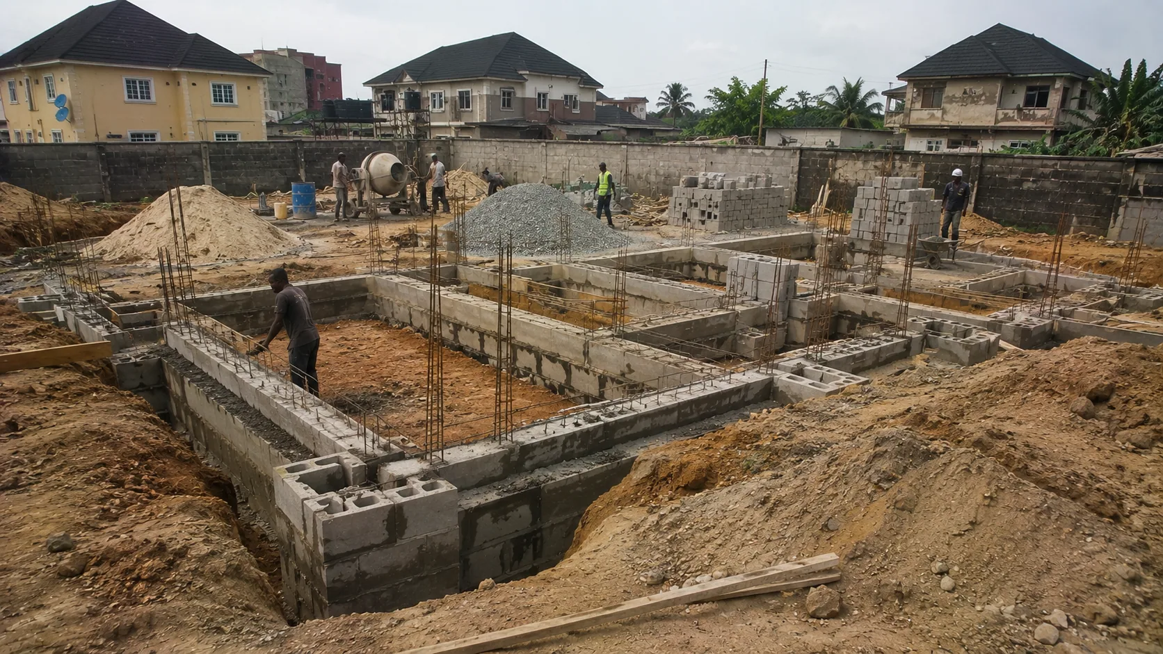 Residential foundation layout with blockwork and reinforcement
