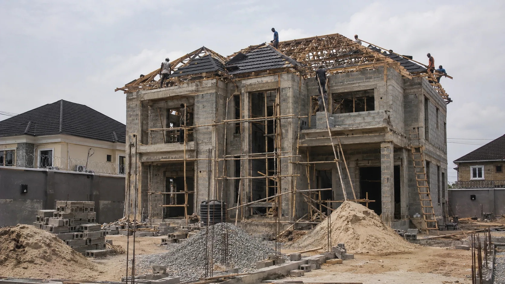 Two-storey residence while roof framing and roof tiles are being installed