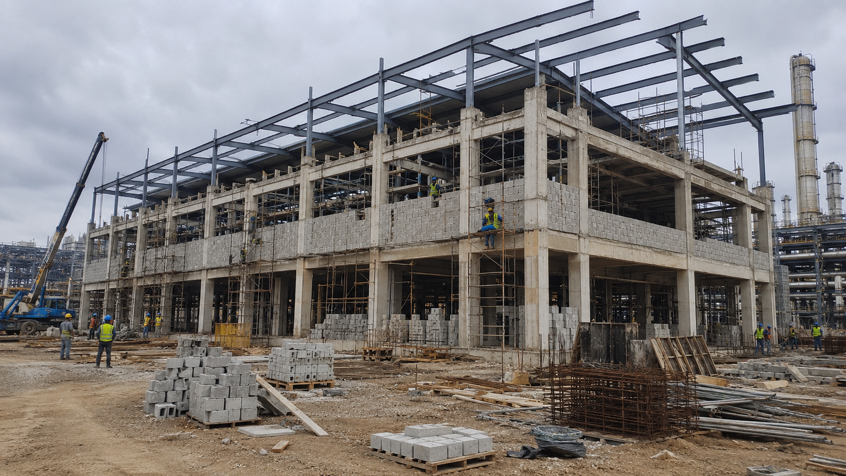 Multi-level concrete and steel industrial structure under construction