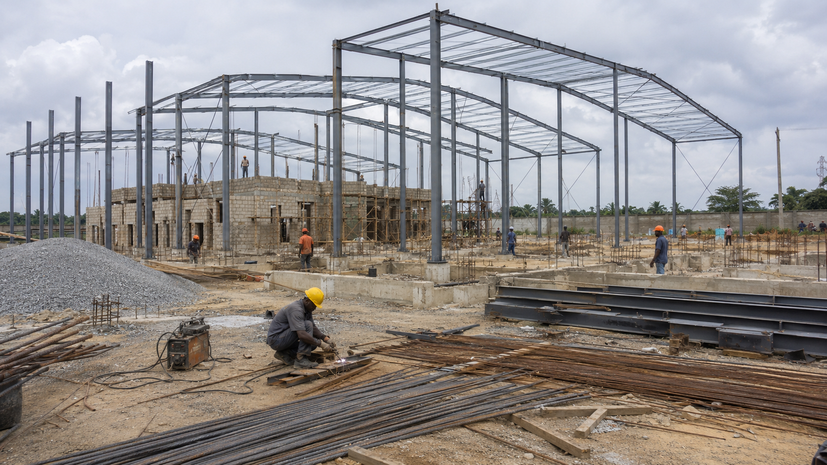 Industrial construction site with multiple steel portal frames being erected