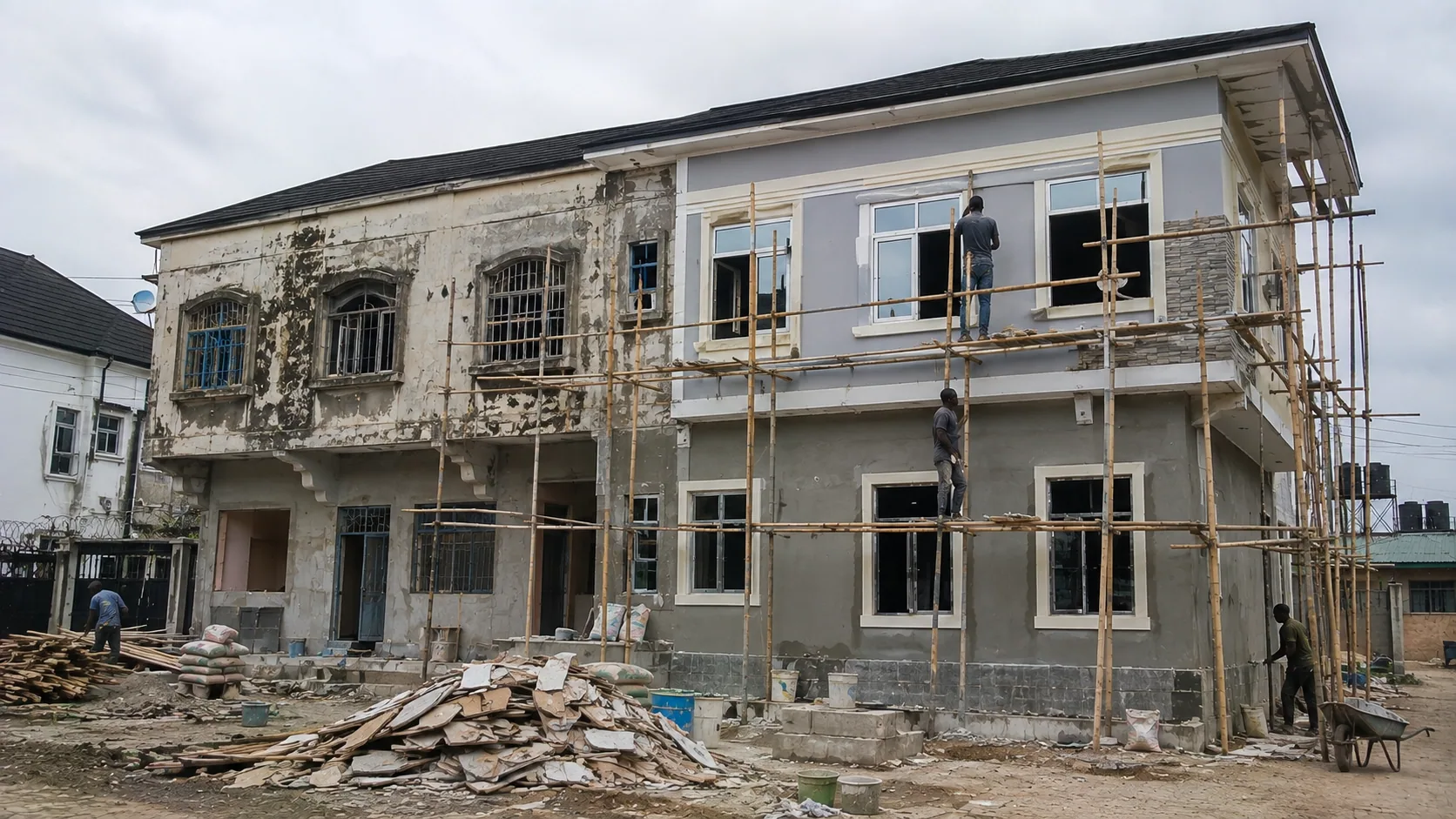 Existing building undergoing renovation, facade restoration and window replacement