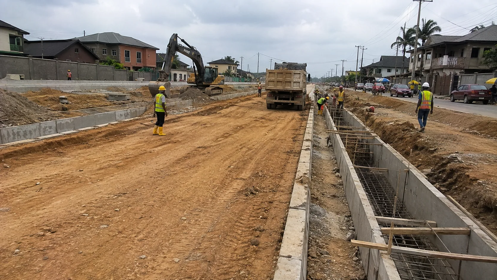 Road corridor under construction with lined drains, equipment and site operatives