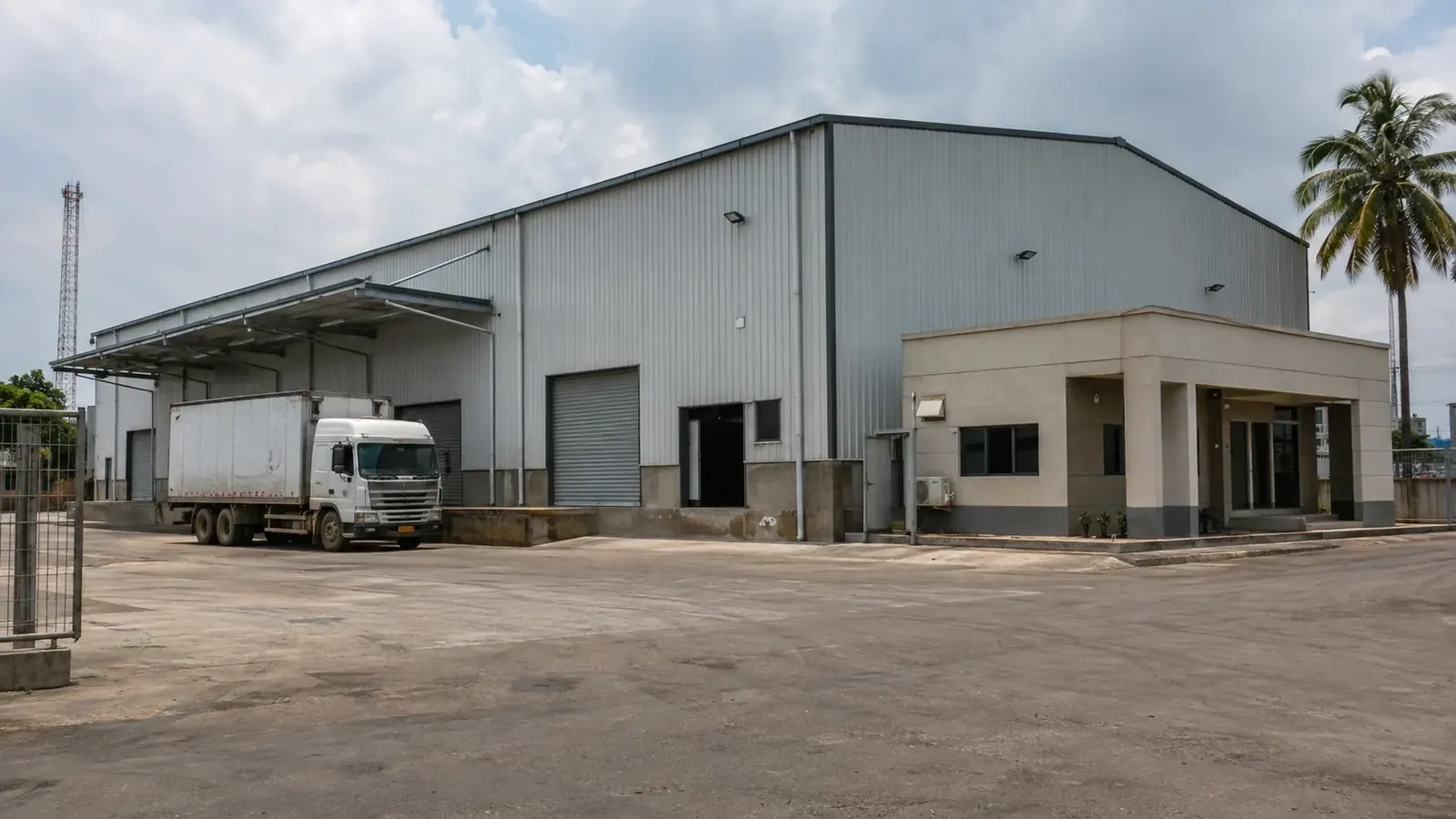 Completed steel-clad warehouse with bays and attached office block