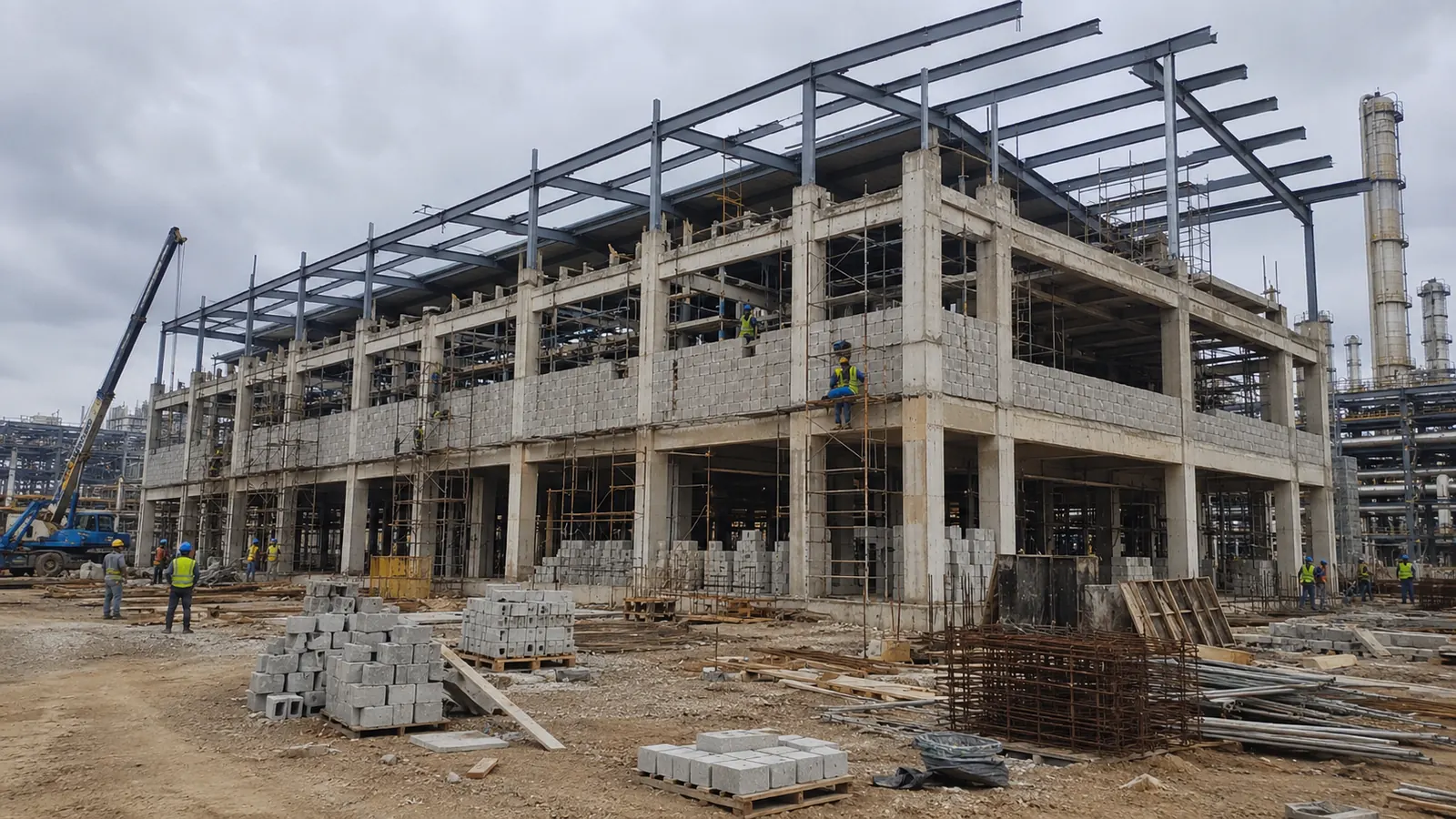 Construction personnel wearing protective equipment on an industrial site