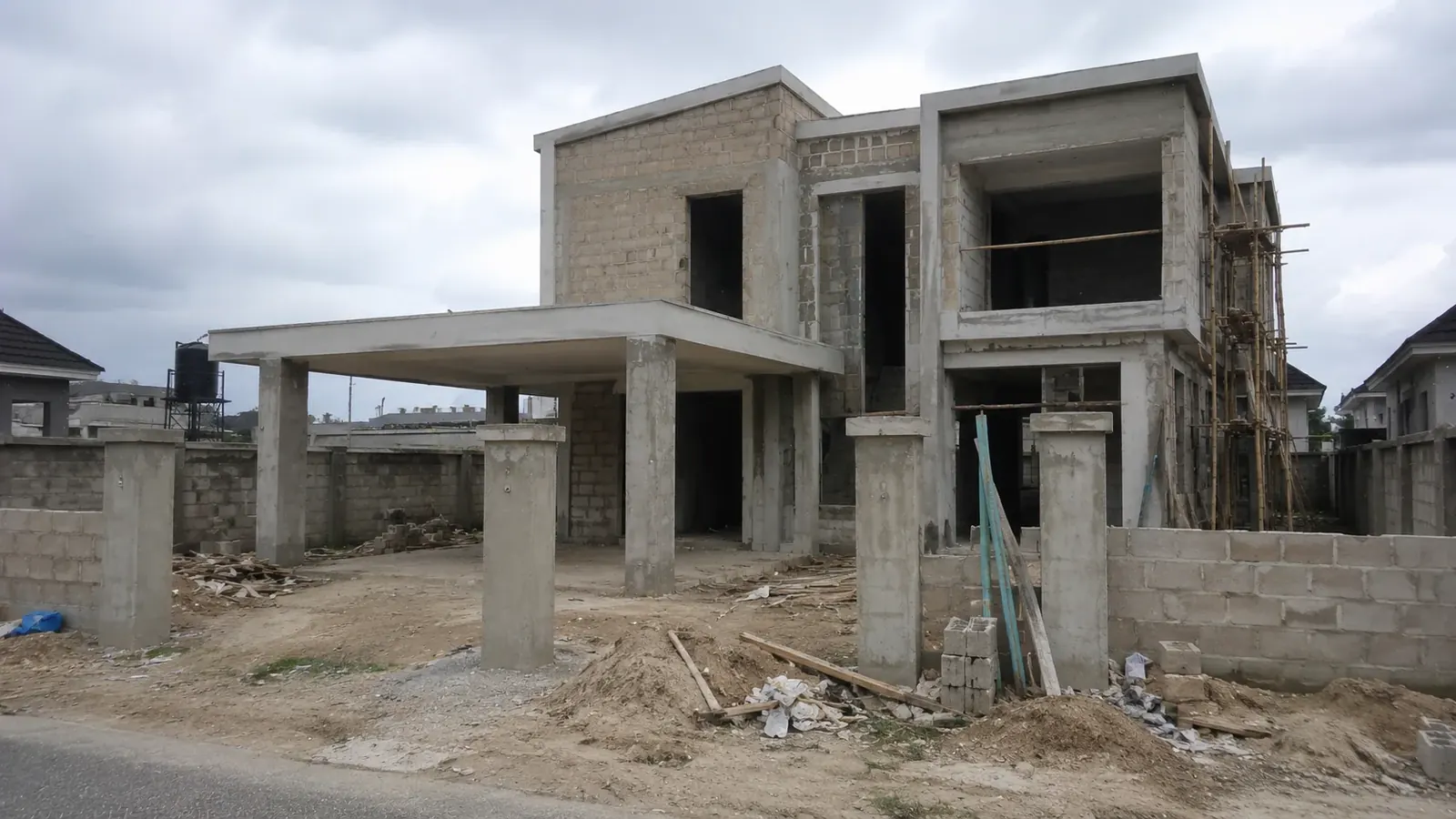 Contemporary two-storey residence at concrete frame and blockwork stage