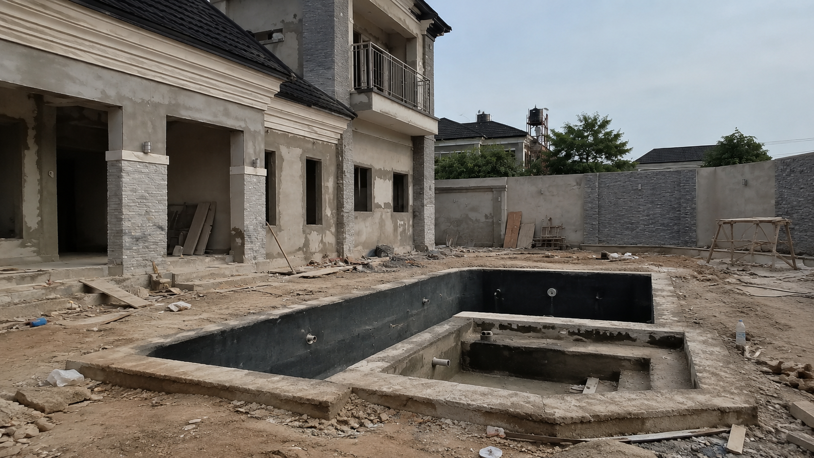 Swimming pool and spa shell receiving waterproofing beside a residence